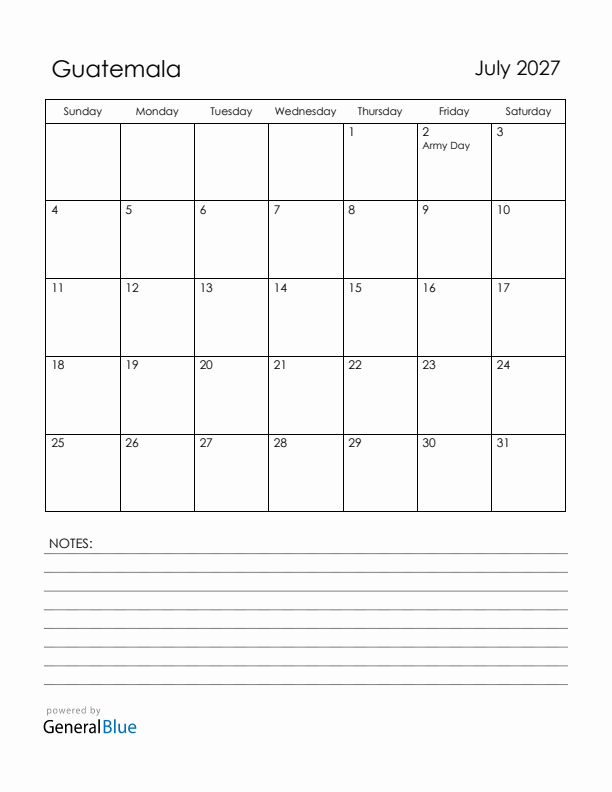 July 2027 Guatemala Calendar with Holidays (Sunday Start)