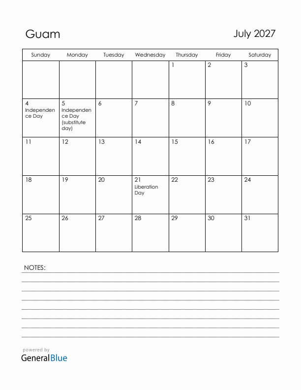July 2027 Guam Calendar with Holidays (Sunday Start)