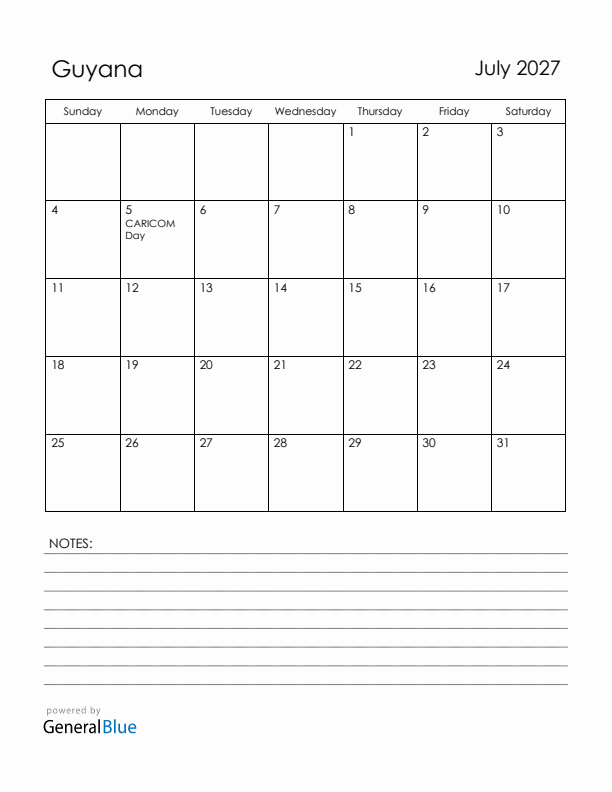 July 2027 Guyana Calendar with Holidays (Sunday Start)