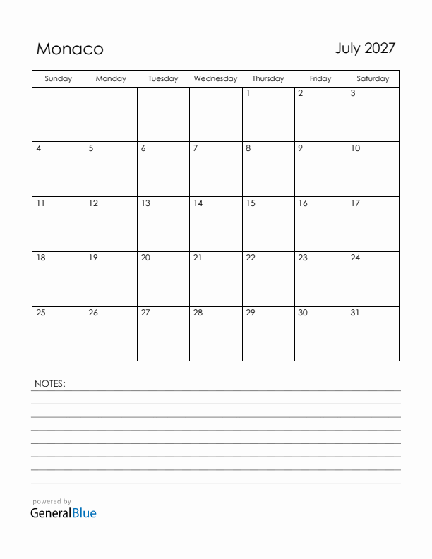 July 2027 Monaco Calendar with Holidays (Sunday Start)