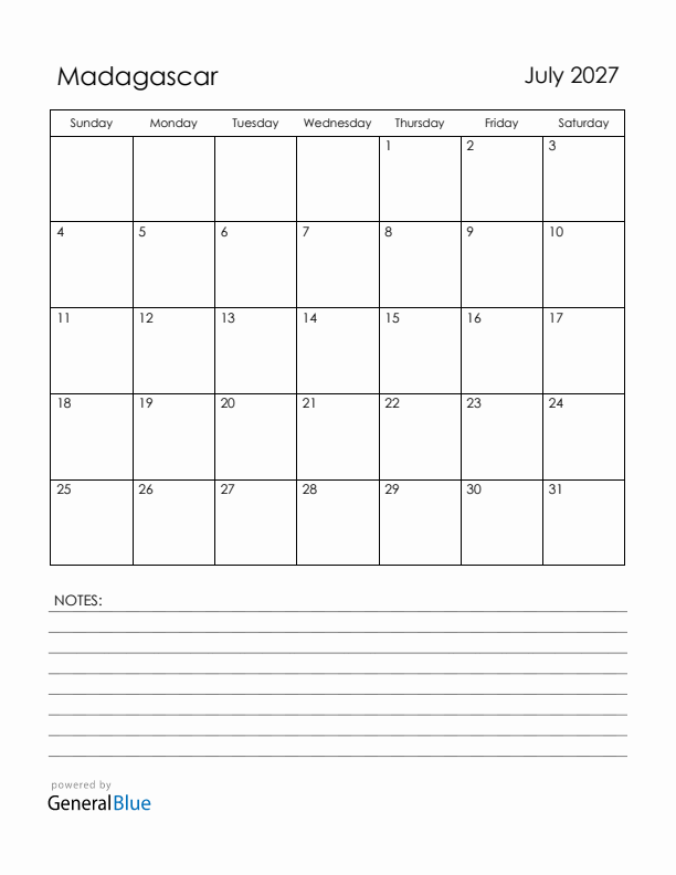 July 2027 Madagascar Calendar with Holidays (Sunday Start)