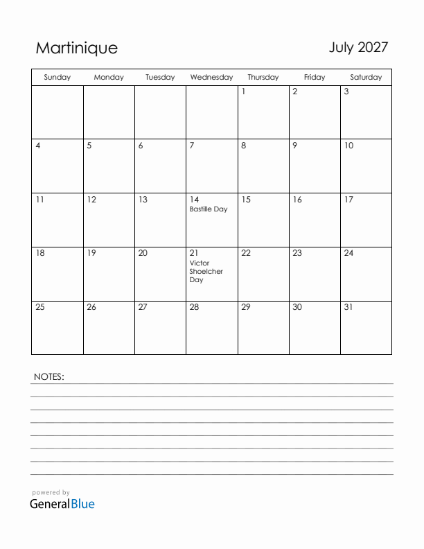 July 2027 Martinique Calendar with Holidays (Sunday Start)