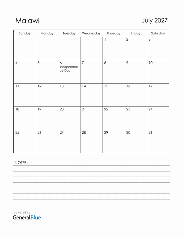 July 2027 Malawi Calendar with Holidays (Sunday Start)