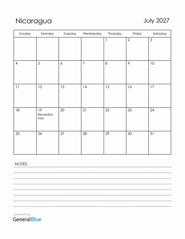 July 2027 Nicaragua Calendar with Holidays (Sunday Start)