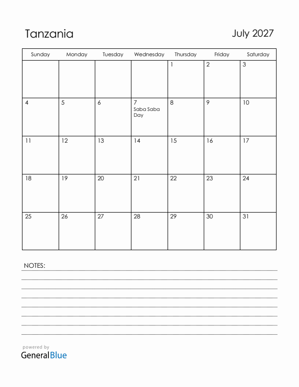 July 2027 Tanzania Calendar with Holidays (Sunday Start)