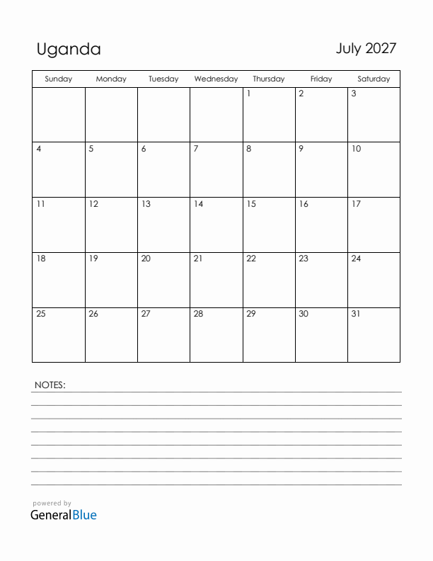 July 2027 Uganda Calendar with Holidays (Sunday Start)