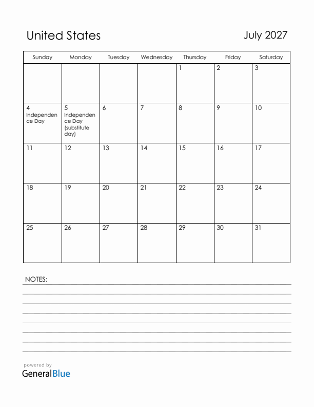 July 2027 United States Calendar with Holidays (Sunday Start)
