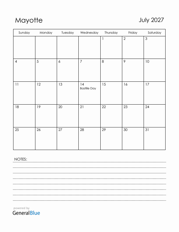 July 2027 Mayotte Calendar with Holidays (Sunday Start)