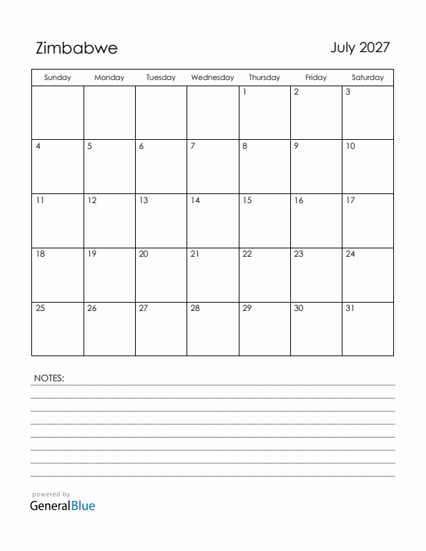 July 2027 Zimbabwe Calendar with Holidays (Sunday Start)