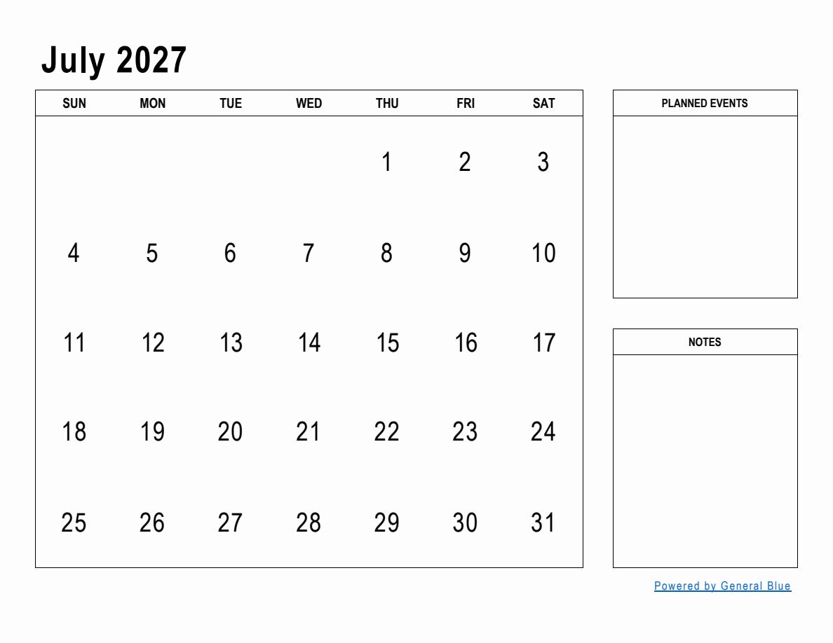 July 2027 Monthly Planner