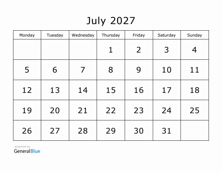 Printable July 2027 Calendar - Monday Start