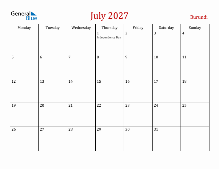 Burundi July 2027 Calendar - Monday Start