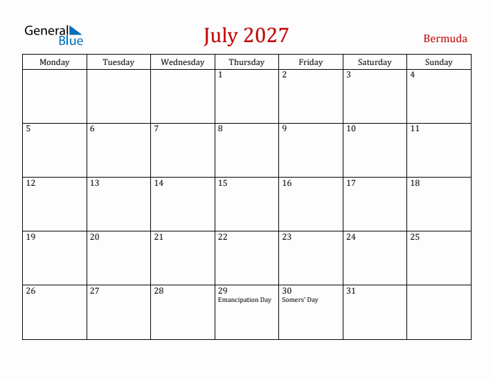 Bermuda July 2027 Calendar - Monday Start