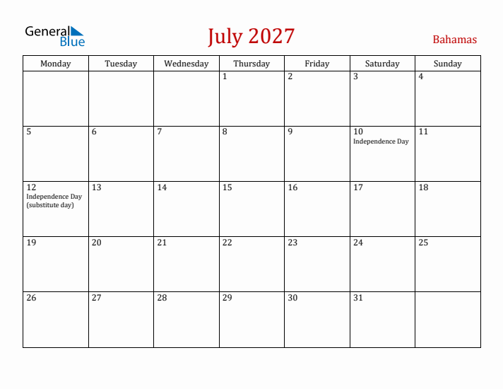 Bahamas July 2027 Calendar - Monday Start