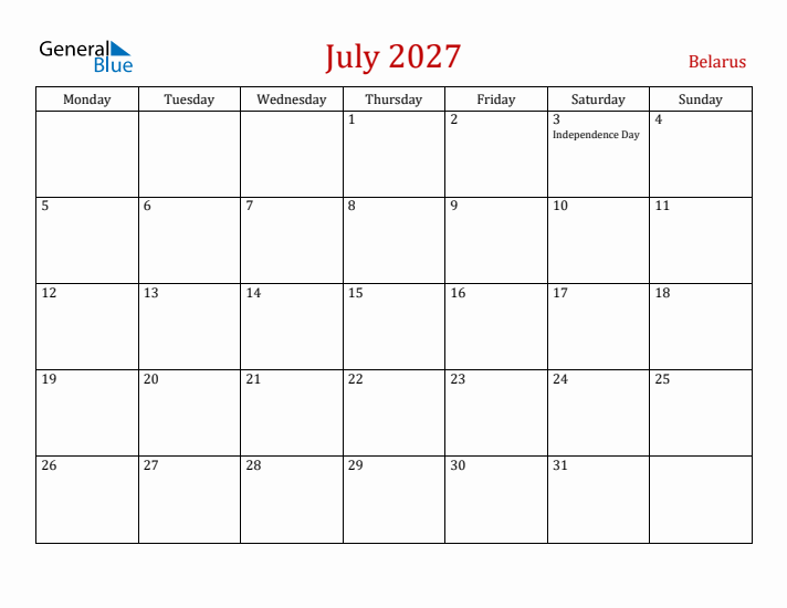Belarus July 2027 Calendar - Monday Start