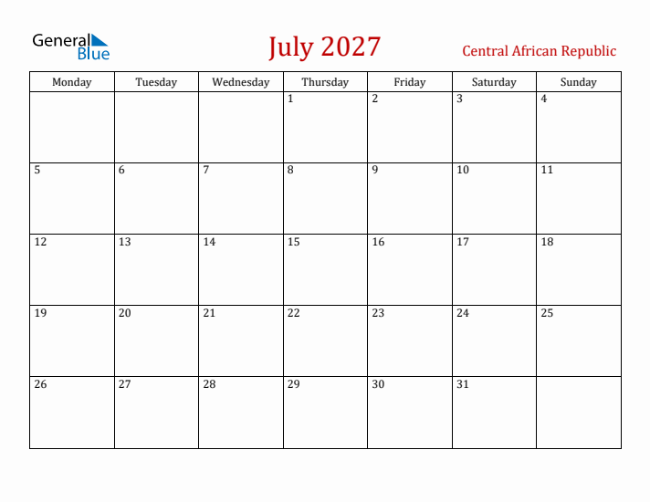 Central African Republic July 2027 Calendar - Monday Start