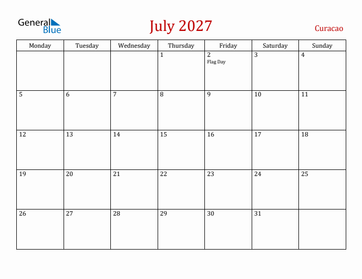 Curacao July 2027 Calendar - Monday Start