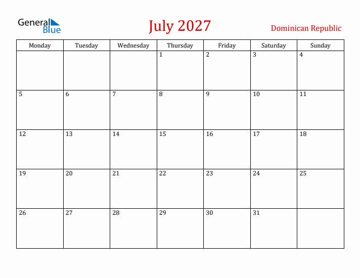 Dominican Republic July 2027 Calendar - Monday Start