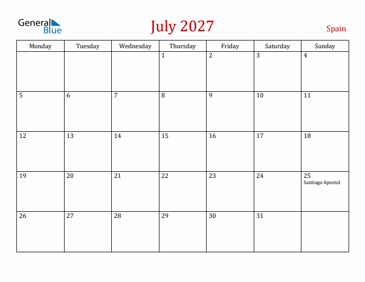 Spain July 2027 Calendar - Monday Start
