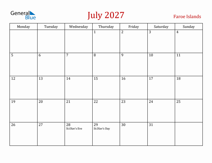 Faroe Islands July 2027 Calendar - Monday Start