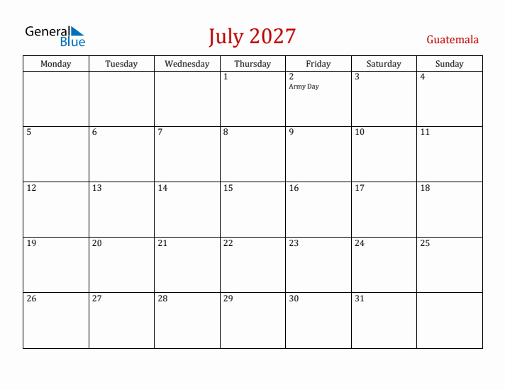 Guatemala July 2027 Calendar - Monday Start