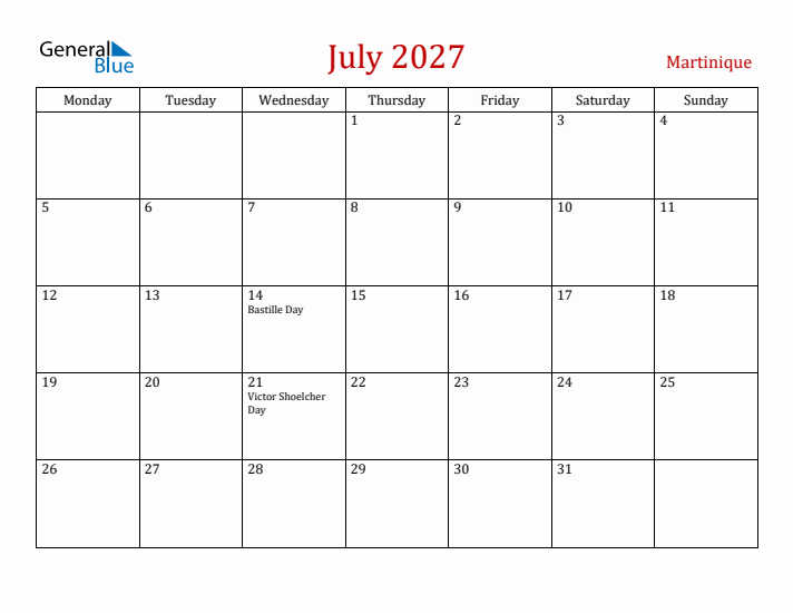 Martinique July 2027 Calendar - Monday Start