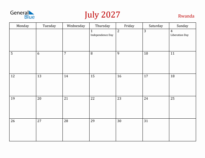 Rwanda July 2027 Calendar - Monday Start
