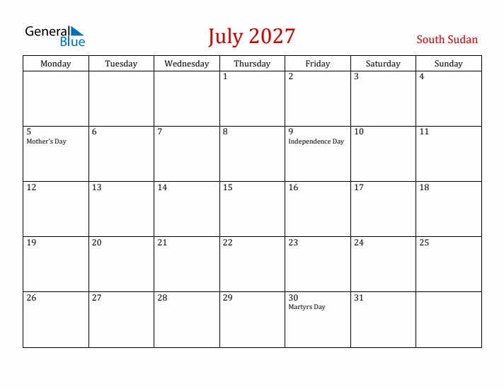 South Sudan July 2027 Calendar - Monday Start