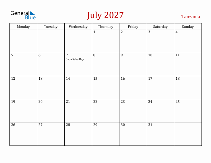 Tanzania July 2027 Calendar - Monday Start