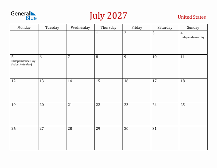 United States July 2027 Calendar - Monday Start
