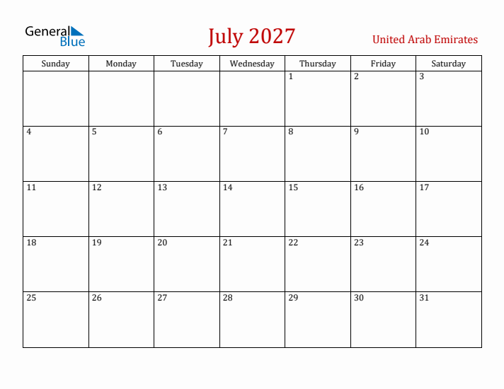 United Arab Emirates July 2027 Calendar - Sunday Start