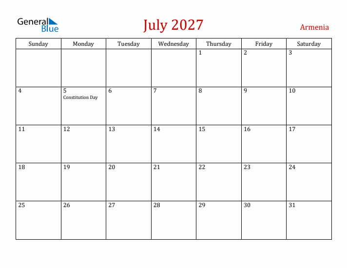 Armenia July 2027 Calendar - Sunday Start