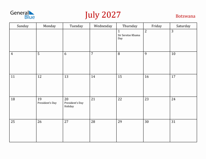 Botswana July 2027 Calendar - Sunday Start