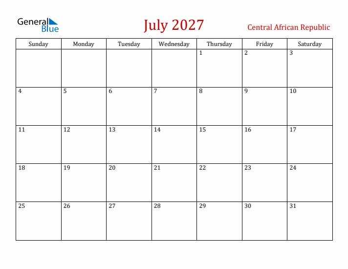 Central African Republic July 2027 Calendar - Sunday Start