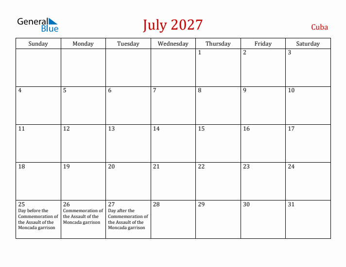Cuba July 2027 Calendar - Sunday Start