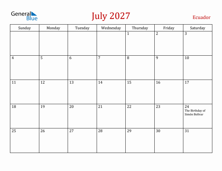 Ecuador July 2027 Calendar - Sunday Start
