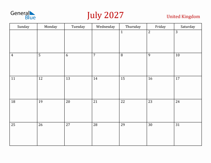 United Kingdom July 2027 Calendar - Sunday Start