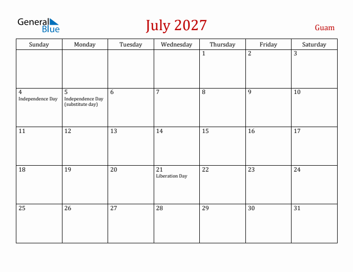 Guam July 2027 Calendar - Sunday Start