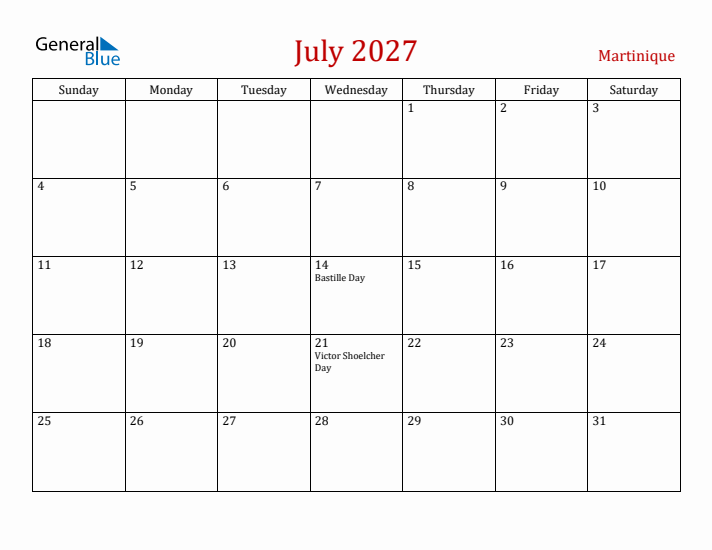 Martinique July 2027 Calendar - Sunday Start