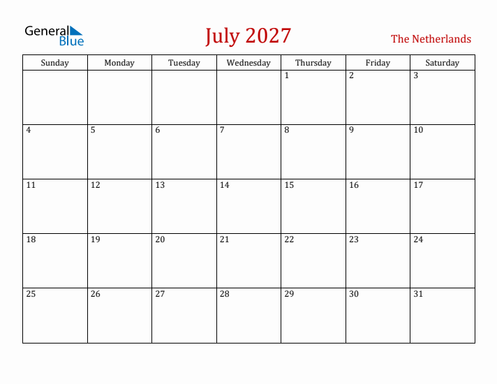 The Netherlands July 2027 Calendar - Sunday Start