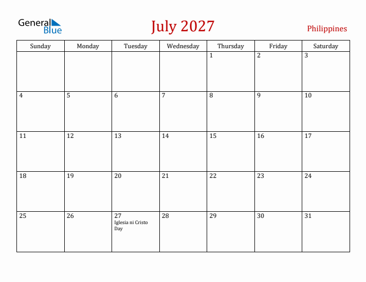 Philippines July 2027 Calendar - Sunday Start