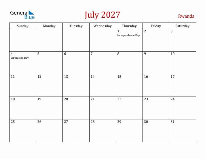 Rwanda July 2027 Calendar - Sunday Start