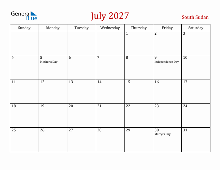 South Sudan July 2027 Calendar - Sunday Start