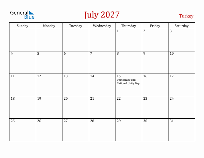 Turkey July 2027 Calendar - Sunday Start