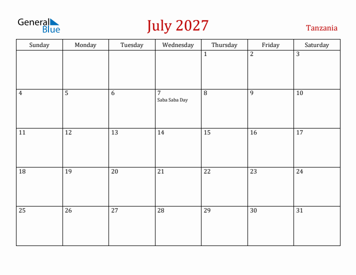 Tanzania July 2027 Calendar - Sunday Start