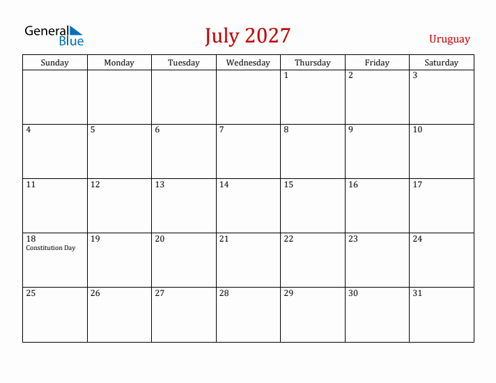 Uruguay July 2027 Calendar - Sunday Start