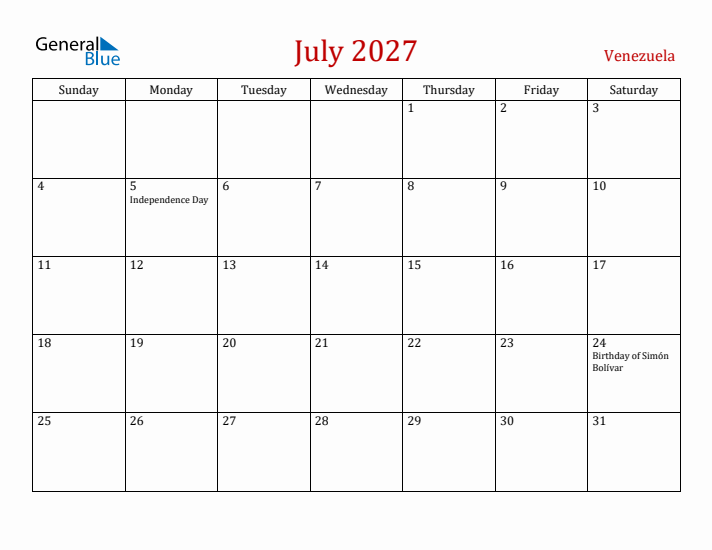 Venezuela July 2027 Calendar - Sunday Start