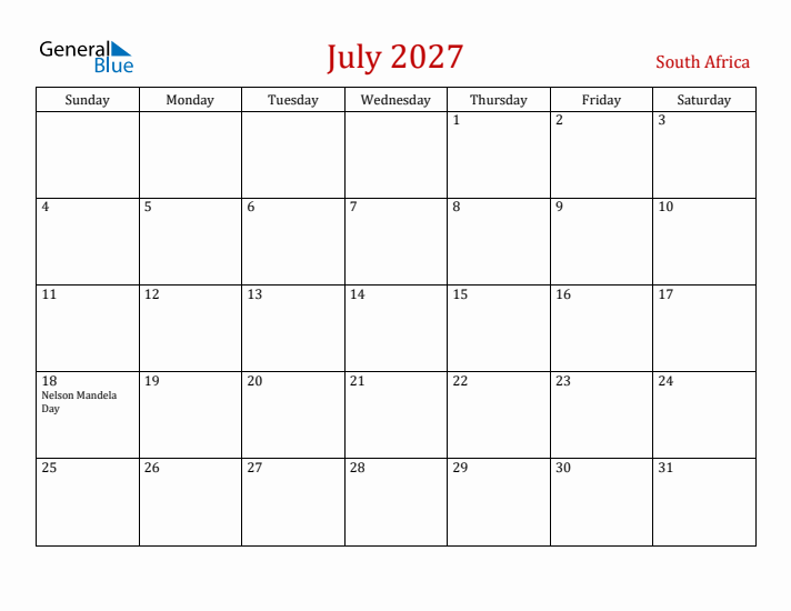 South Africa July 2027 Calendar - Sunday Start