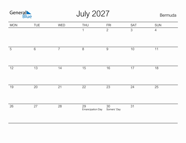 Printable July 2027 Calendar for Bermuda