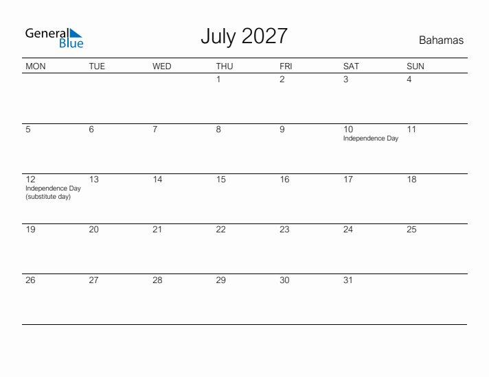 Printable July 2027 Calendar for Bahamas